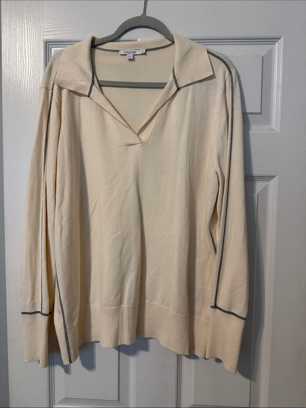 Chico's Cream V-Neck Polo Sweater with Contrast Trim